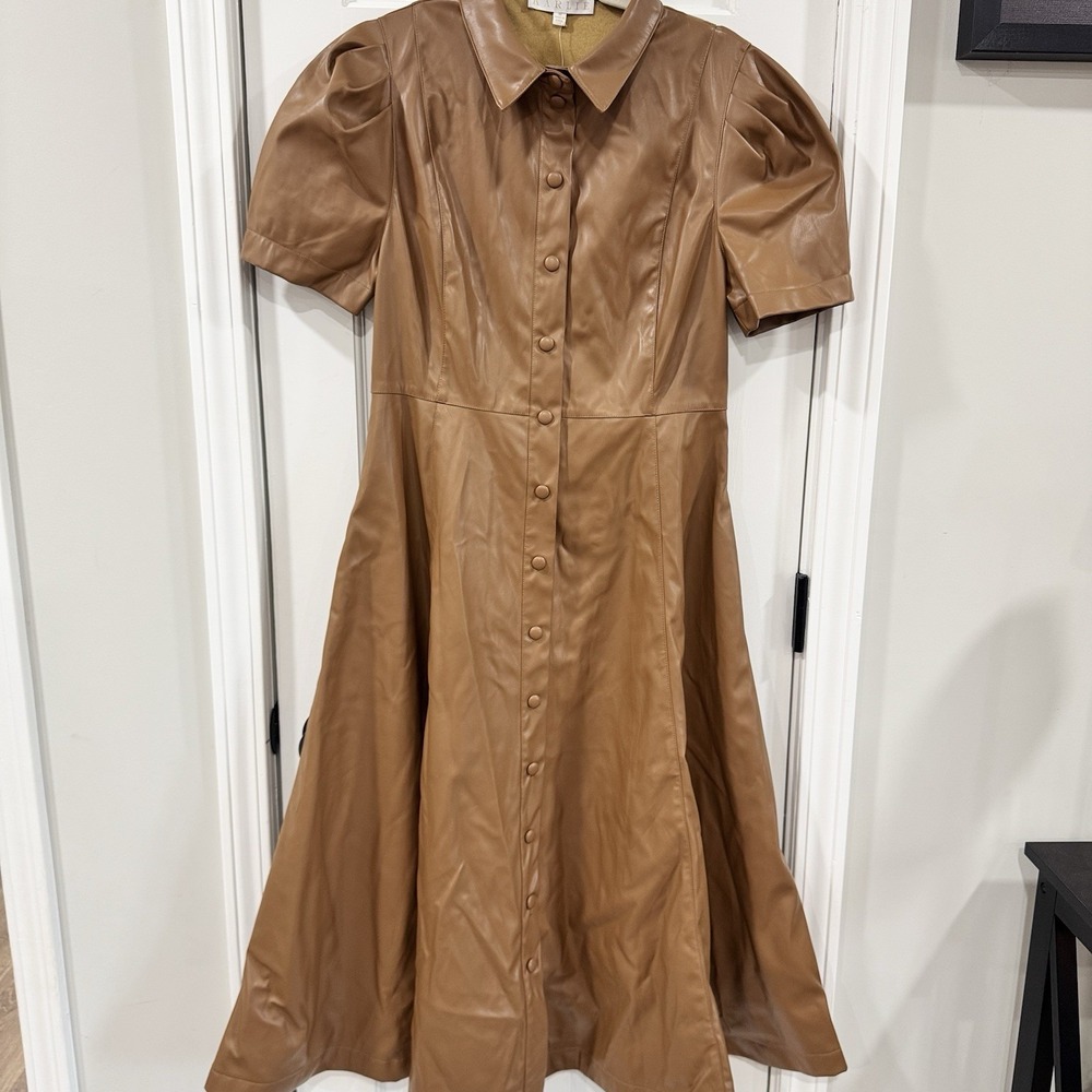 Karlie Womens M Brown Faux Leather Midi Dress Puff Sleeve Button Front A-Line